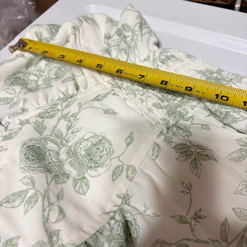Ivory green floral ruffle trim midi dress with a floral print, smocked waist, - Picture 9 of 10